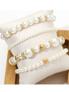 Anthropologie White Pearl and Gold Bead Bracelet Stack